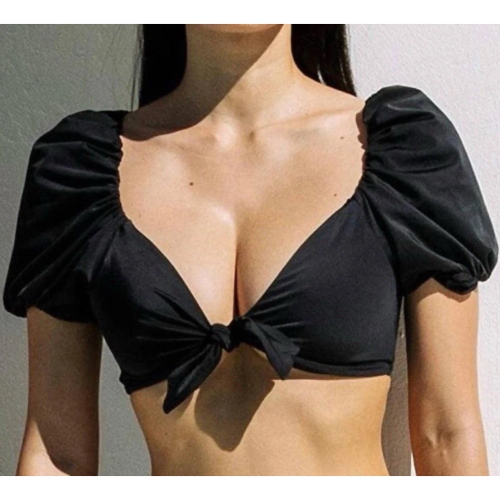 Cleobella Sz Small Maude Bikini Top In Black Tie Front Puff‎ Sleeves NEW
